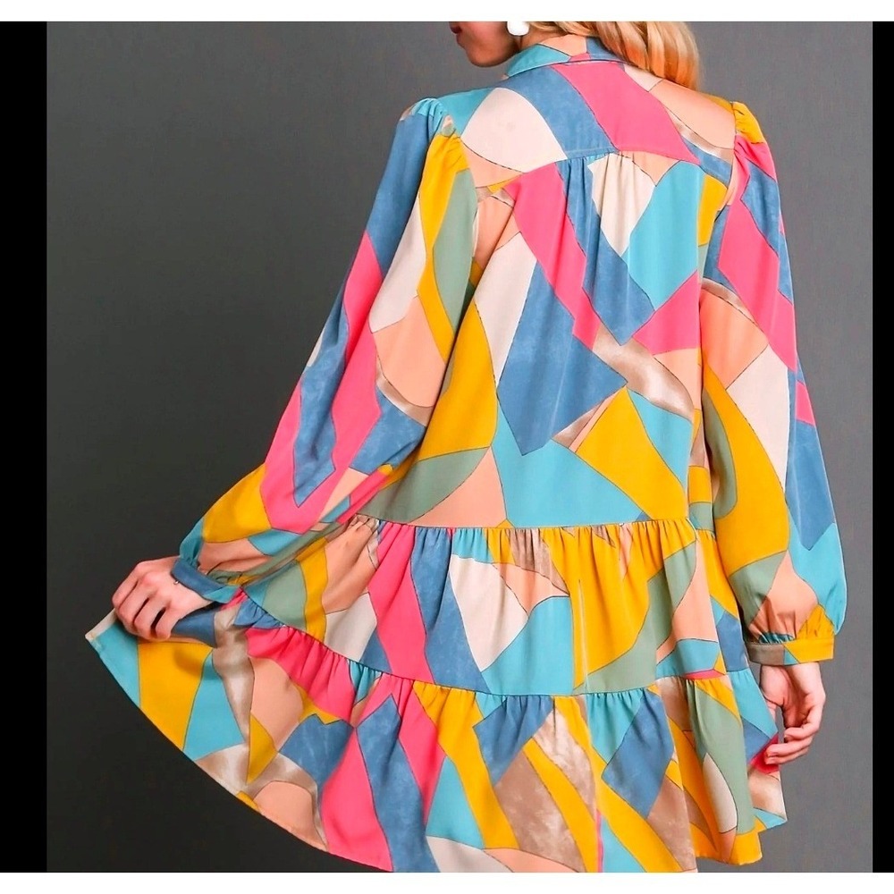 ODDI‎ Tiered Mini Tunic Dress Sz M Modern Multi Color Abstract Artsy  #737